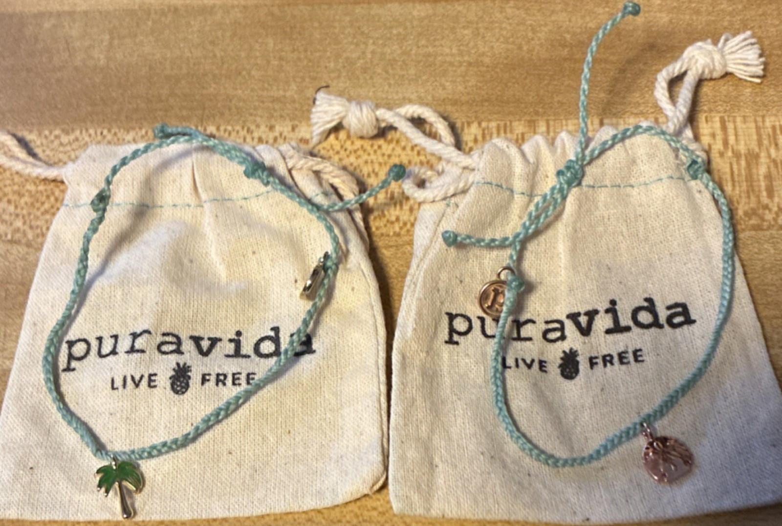 Pura Vida Braided Charm Bracelet Palm Tree Sand Dollar Light Blue Slide