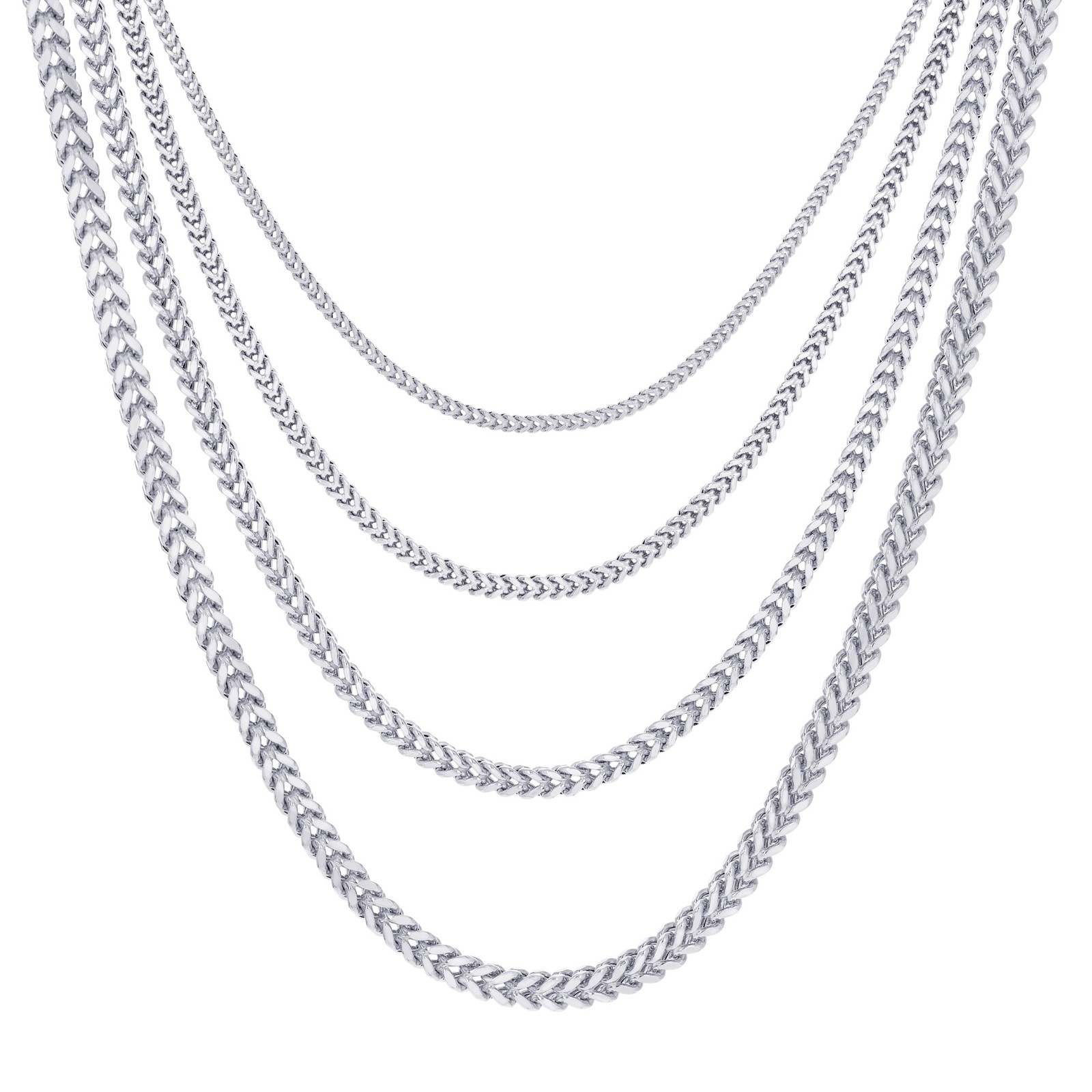 10K White Gold 1.5mm-3mm Square Wheat Box Franco Chain Pendant Necklace 16″- 30″
