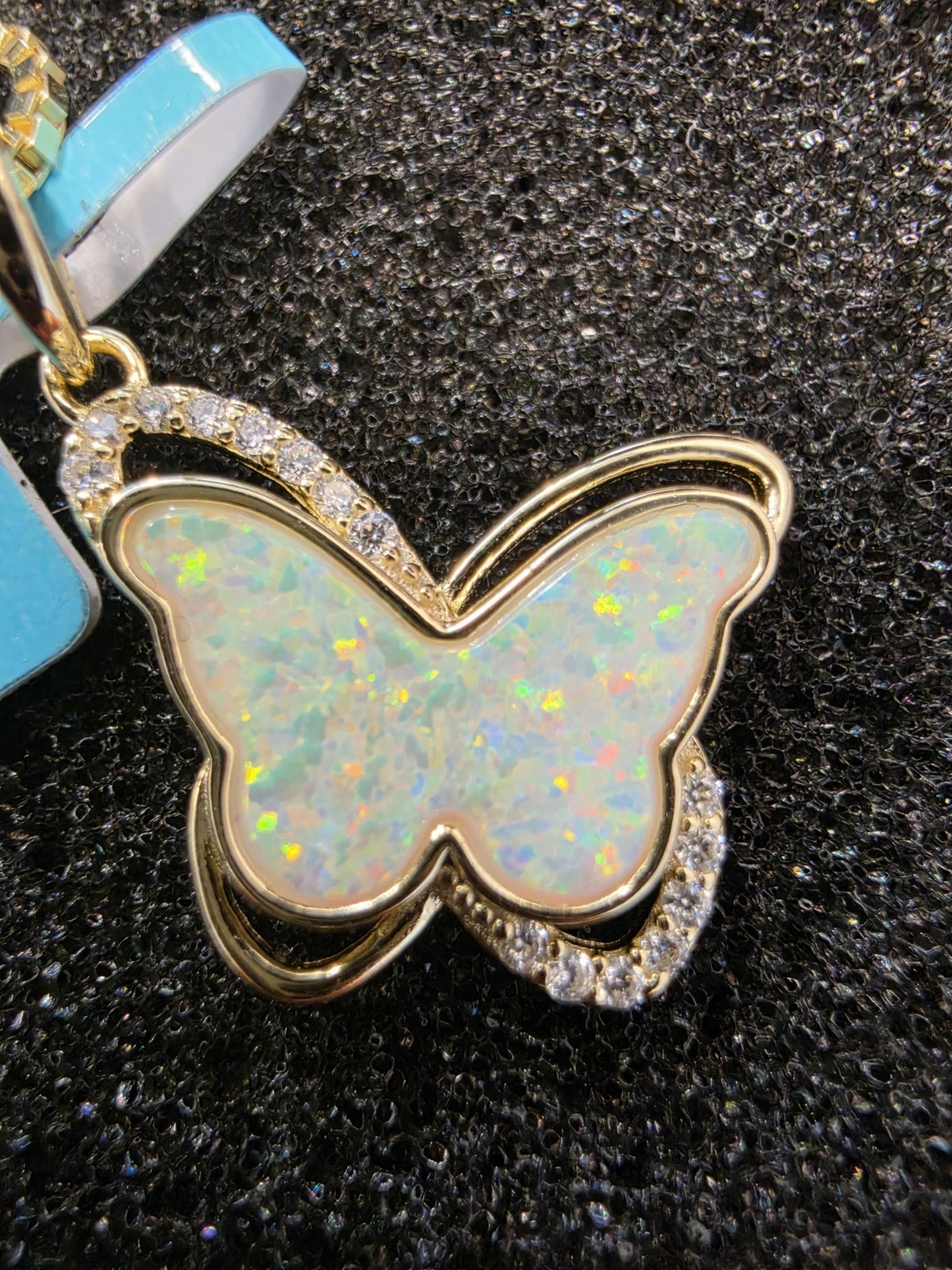 925 Sterling Silver White Opal Butterfly Pendant Necklace Moissanite 0.09ctw