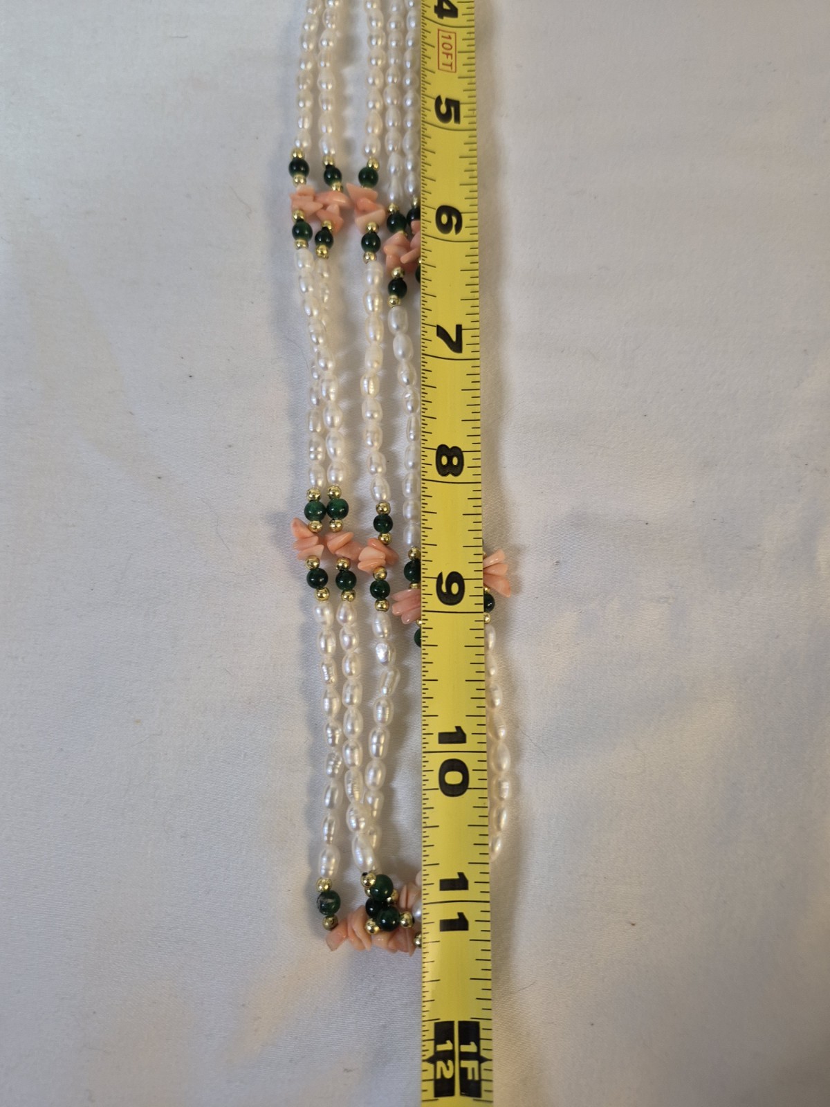 Rice Pearl 3 Strand Necklace 22” Coral Green Goldtone Push Lock Clasp Vintage