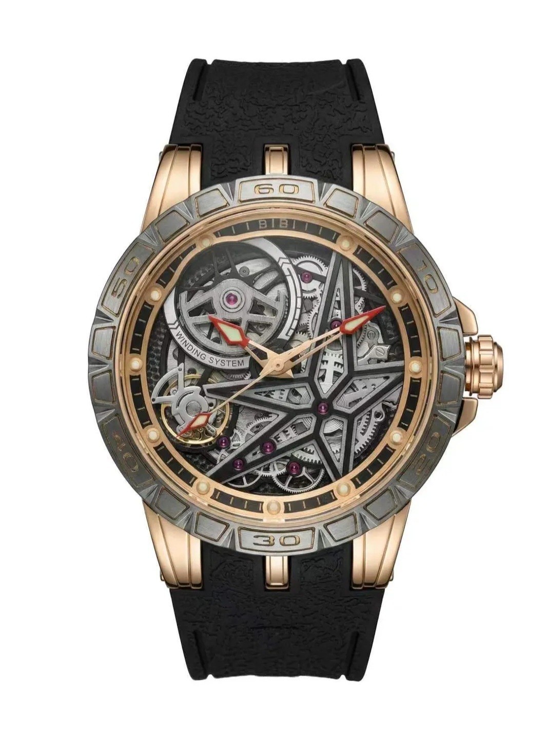 ​BiBi Automatic Skeleton Watch Men Rose Gold Star Dial Mechanical Rubber Strap