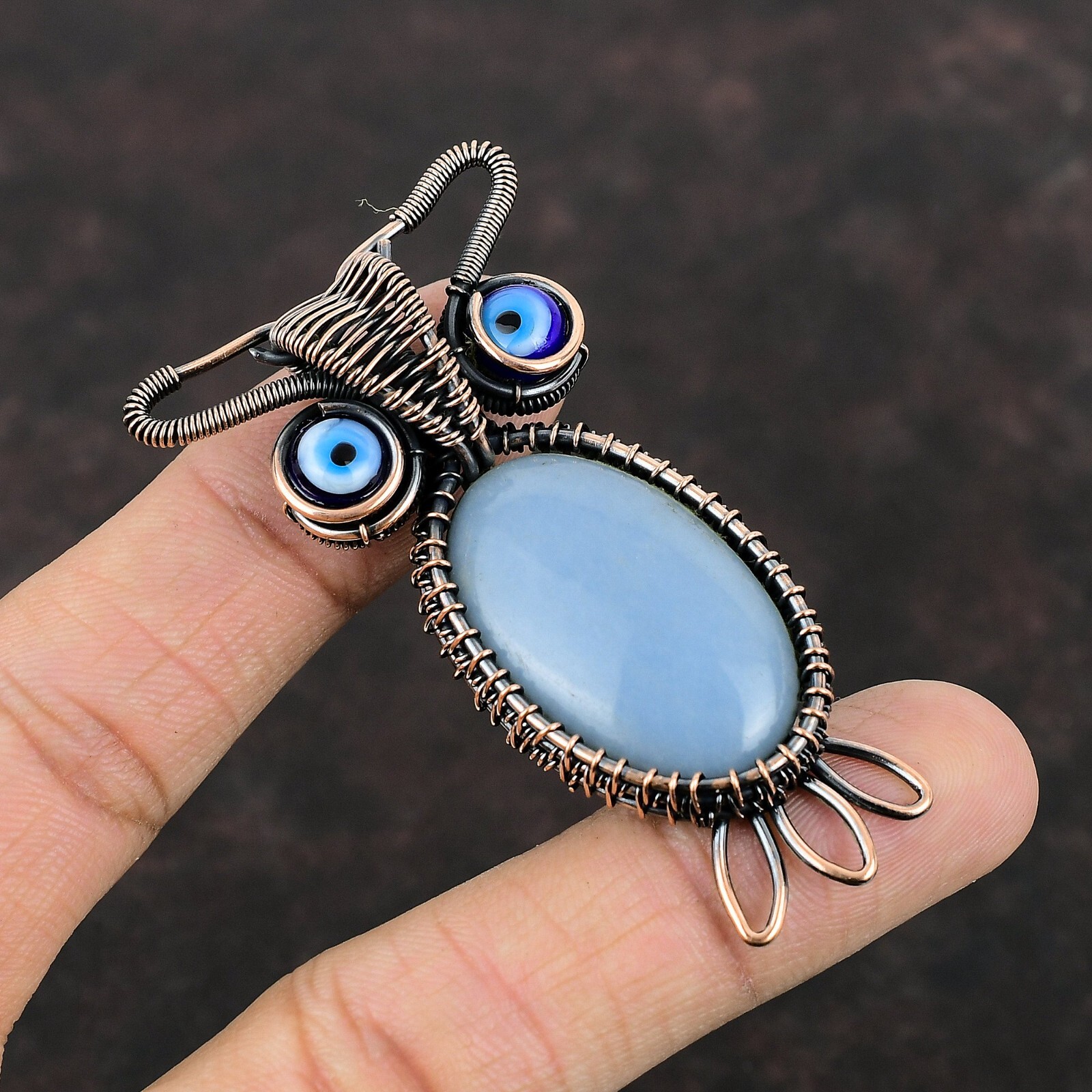 Gift For Her Unknown Copper Natural Angelite Pendant Owl And Wire Wrapped