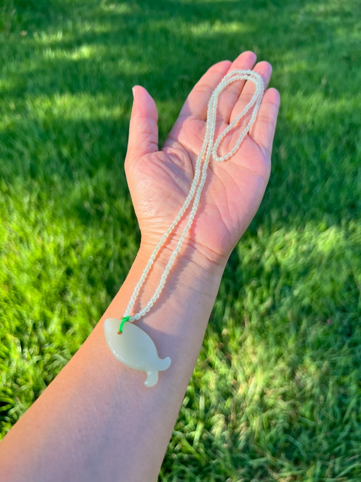 Genuine 100% Natural Nephrite Jade 3mm Bead 22″ Fish Pendant Necklace H318 1