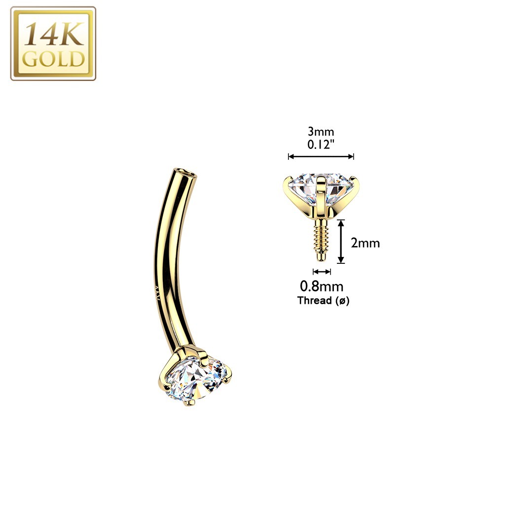 14K Yellow Gold Curved Barbell Eyebrow With Prong Set CZ Balls