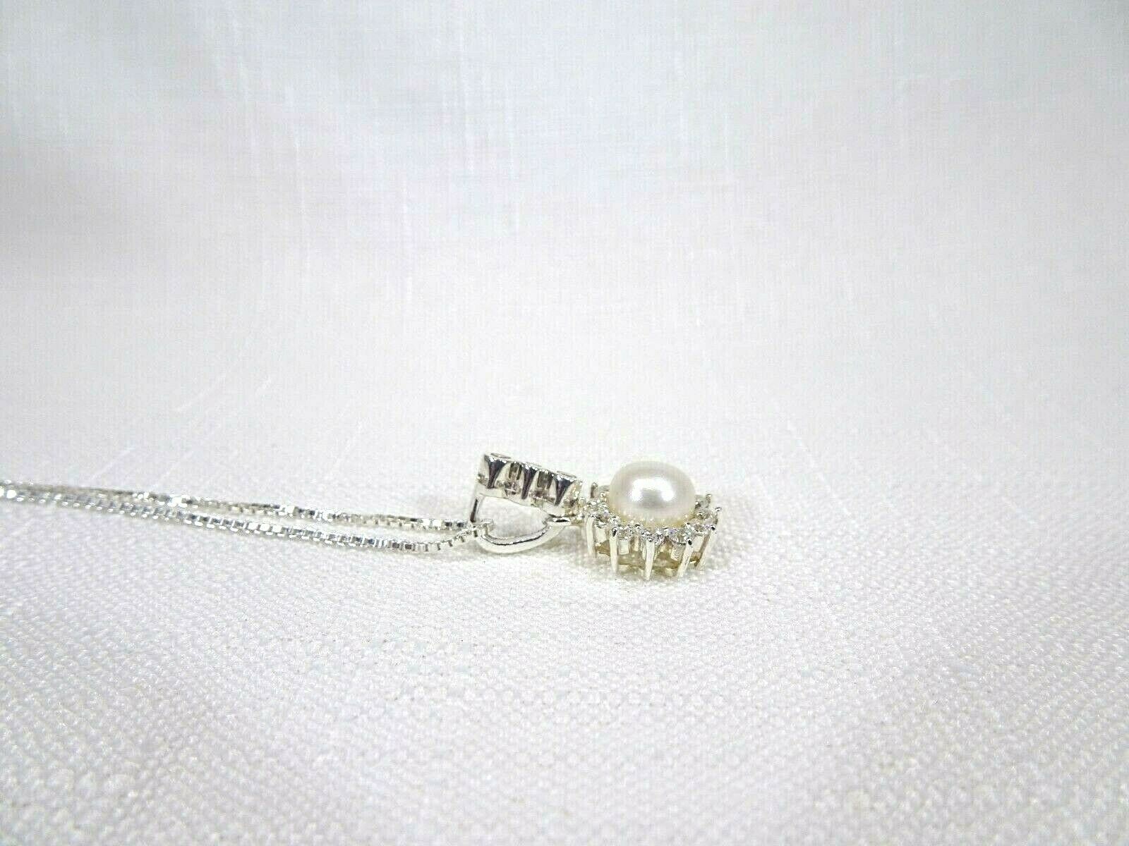 Cultured Freshwater White Pearl & White CZ Sterling Silver Italian Necklace
