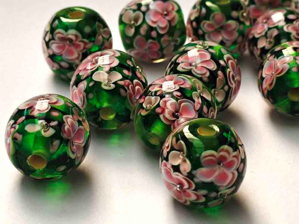 10pcs handmade Lampwork glass beads glass Pink plum flower round on Green 14mm