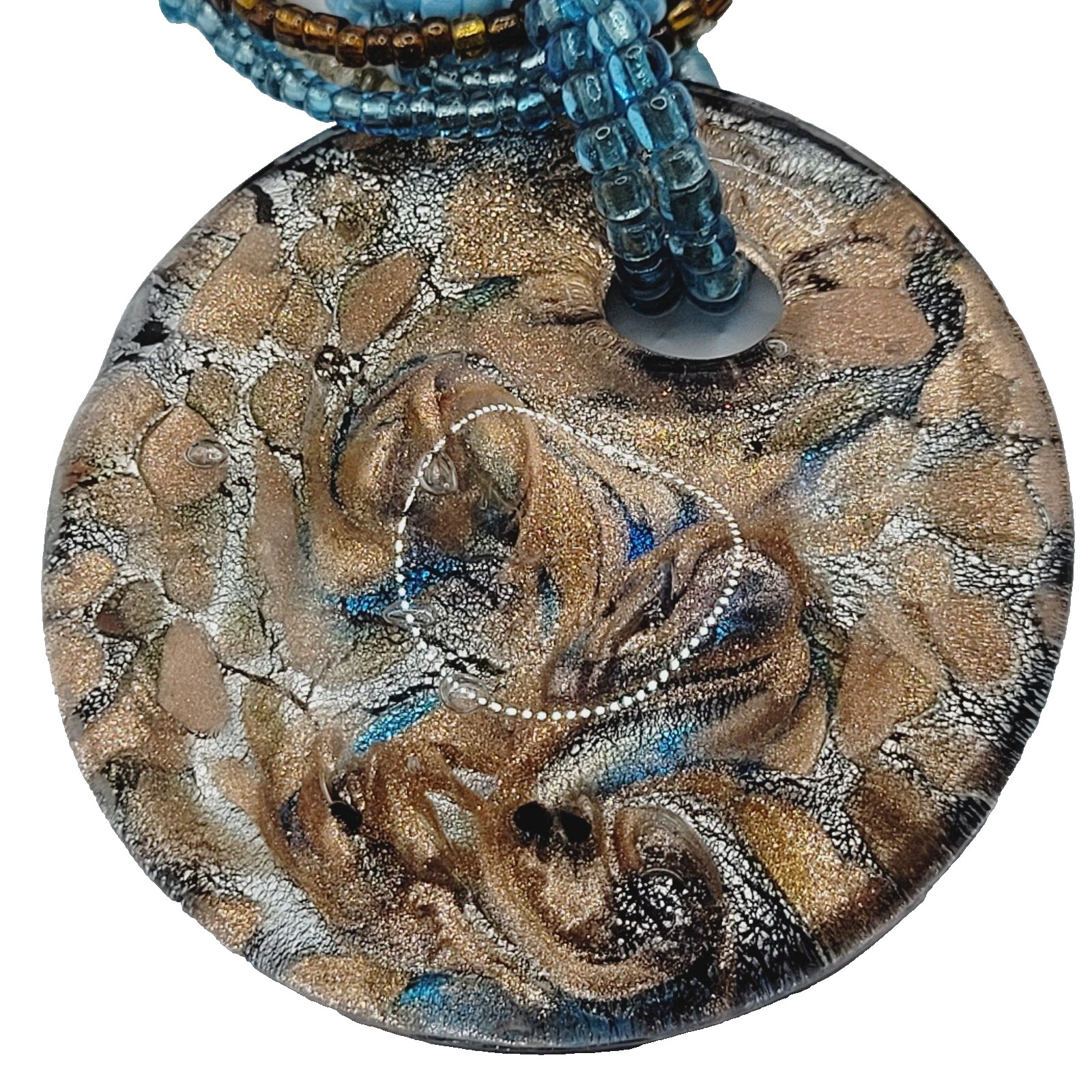 8 Strand Seed Beed Necklace with Metallic Foiled Large Round Art Glass Pendant