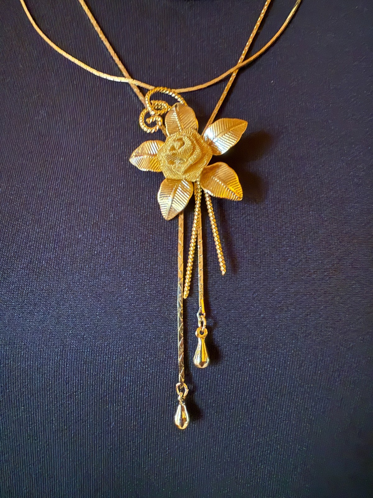 2pc Vintage 14K Gold Overlay 3D Mesh Flower Bolo Necklace & Adjustable Slider