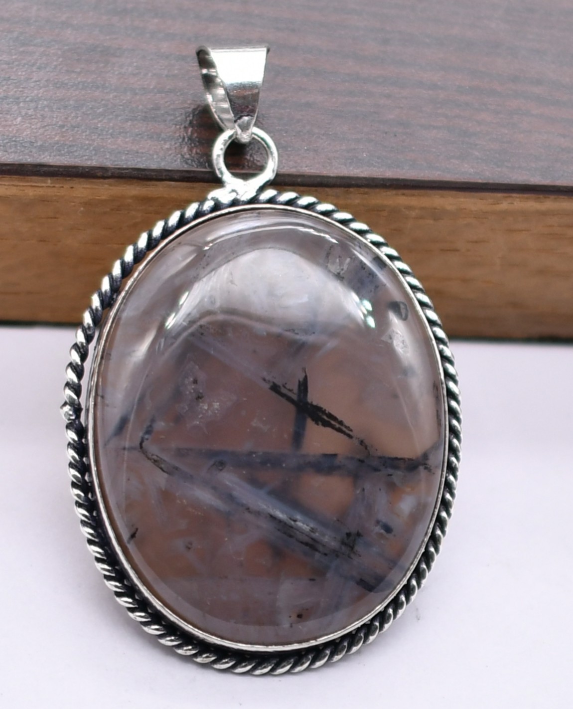 Black Rutile Natural Gemstone Antique Silver Plated Pendant 2″ J 1862