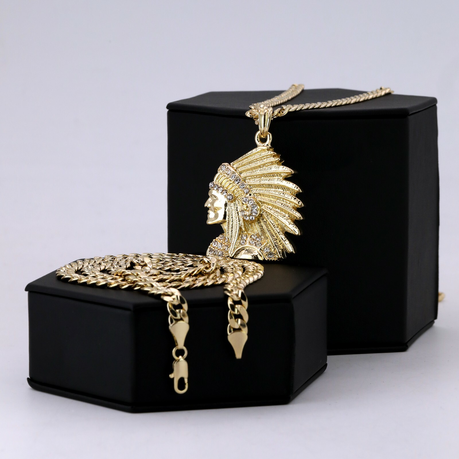 Indian Head Cubic Zirconia 14k Gold Plated Pendant 24″ Cuban Link Chain Hip Hop