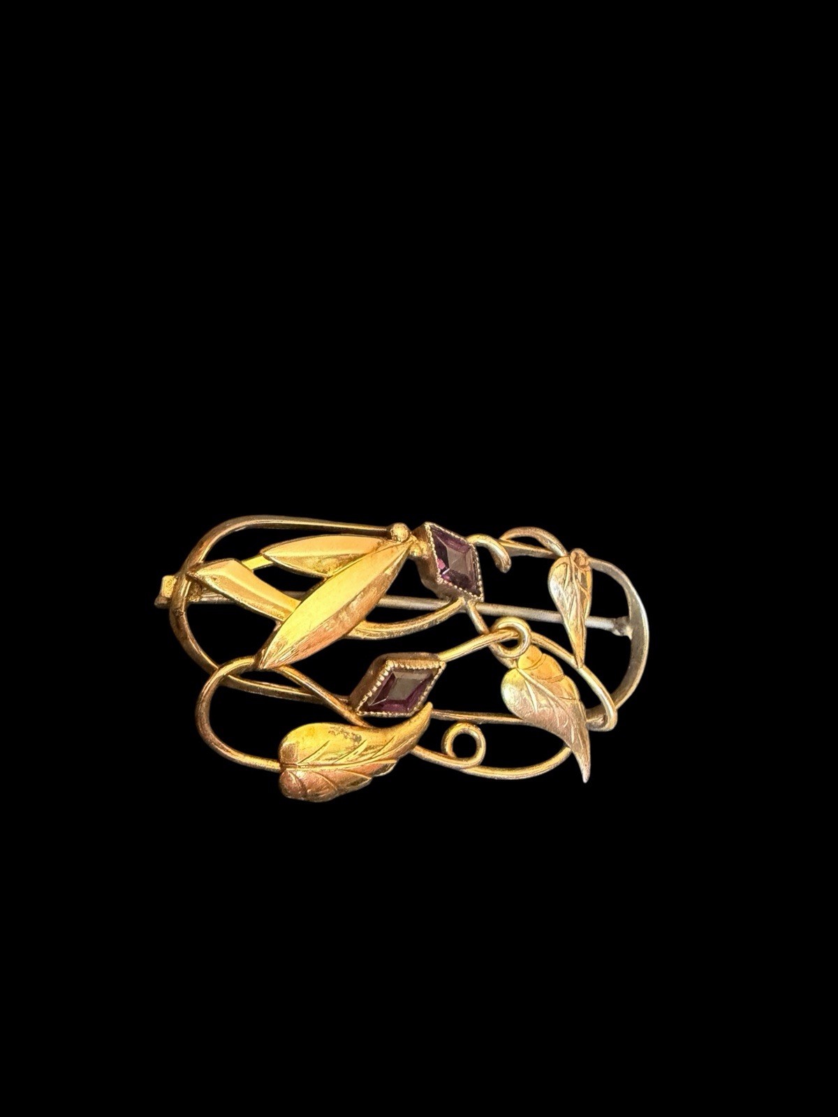 Older Gold Filled Floral Brooch With Purple Stone Accents