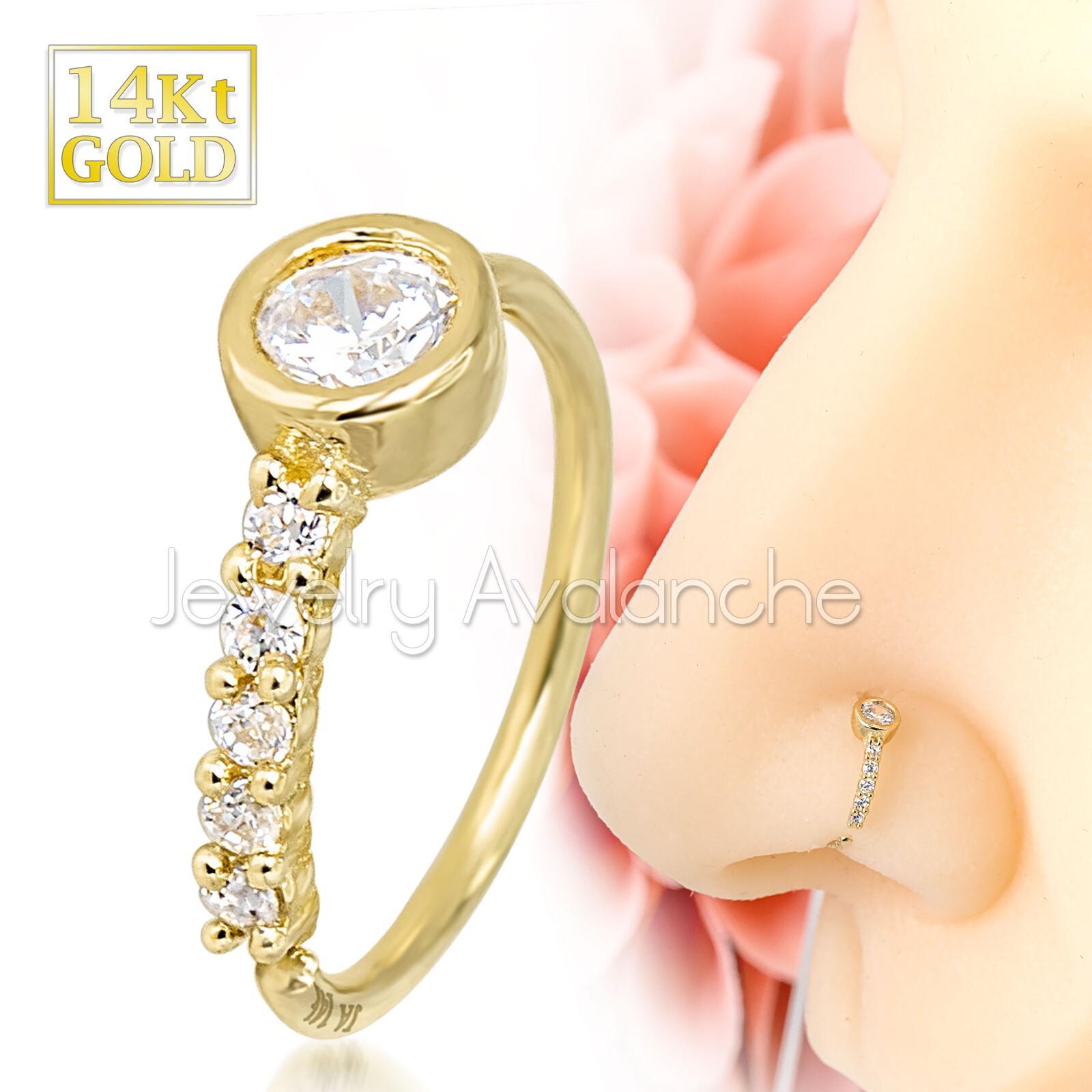 Solid 14K Yellow Gold Nose Ring Bezel & Prong Set CZ Stones, 20G Nose Hoop Ring