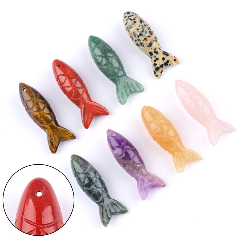 10pcs Mixed Natural Stone Carving Fish Pendants Beads 15x40mm DIY Jewelry