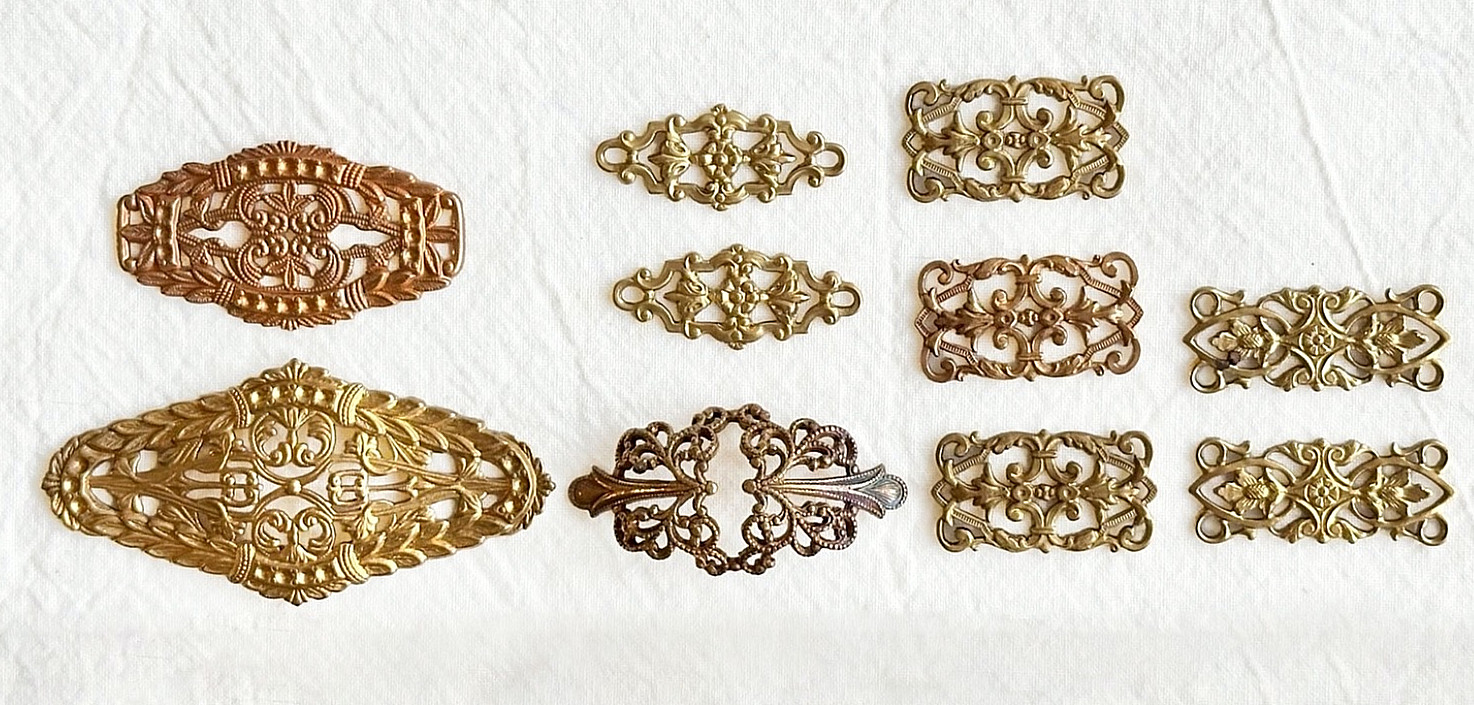 Jewelry Stamping – Group of raw brass filigree connectors – 10 pieces in total