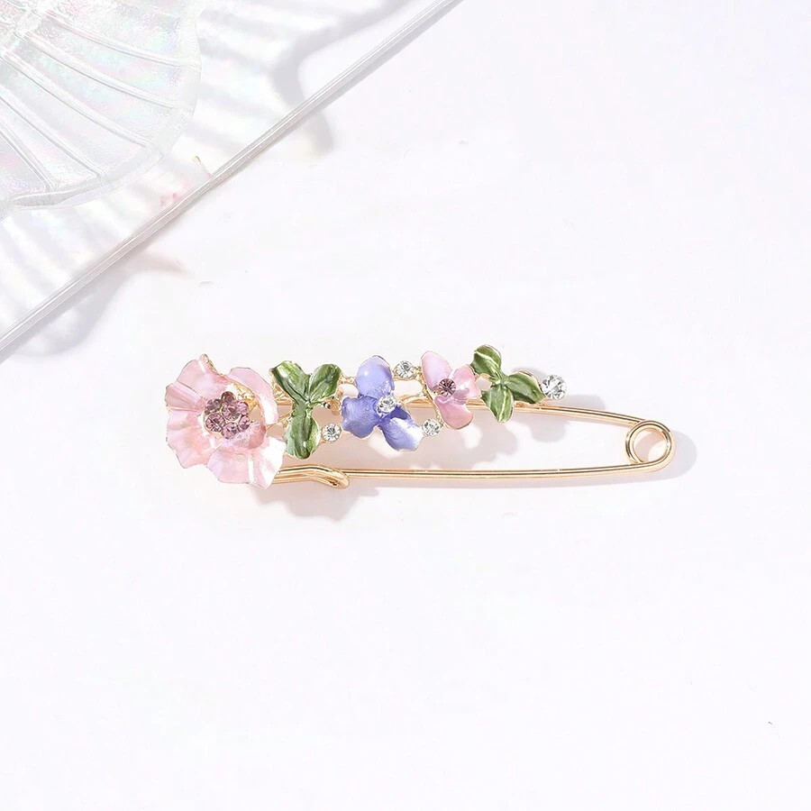 1pc Flower Brooch Oil Drip & Rhinestone Beaded Multi-Use Coat Clip Pin for Women