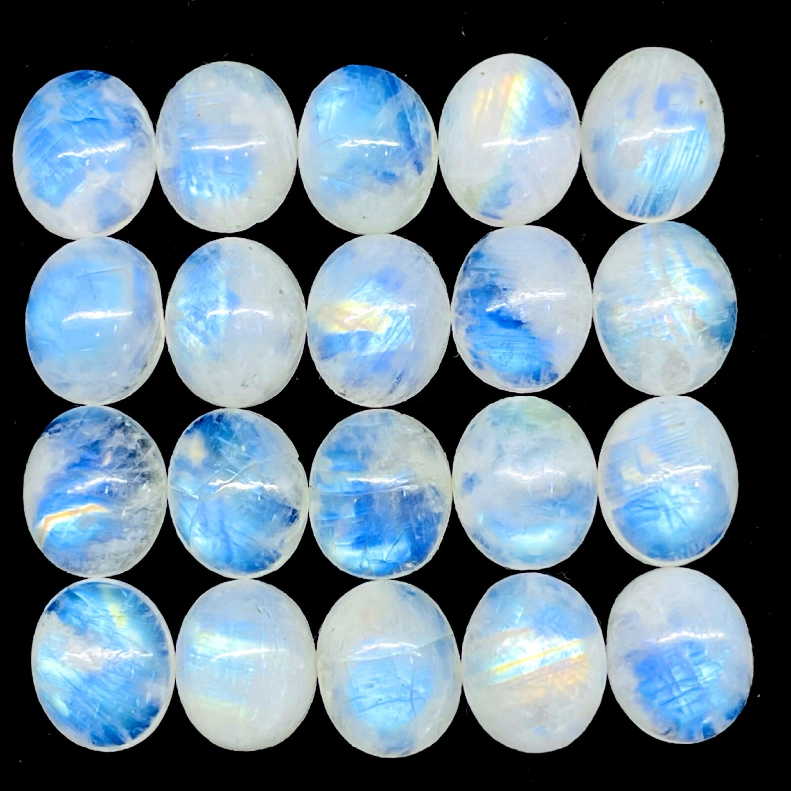 20 Pcs Natural Rainbow Moonstone 12x10mm Oval Blue Flash Cabochon Gemstones
