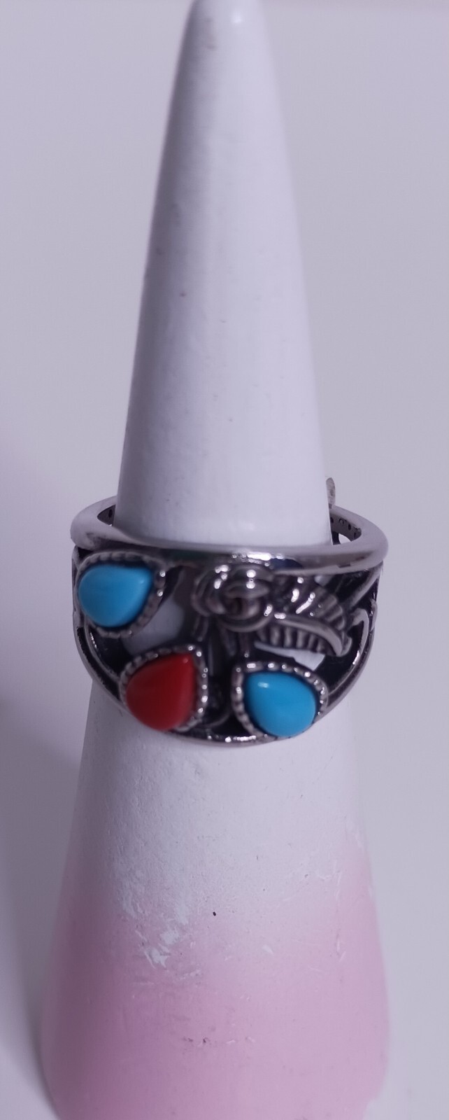 Southwest Turquoise And Coral Silvertone Ring Size 6