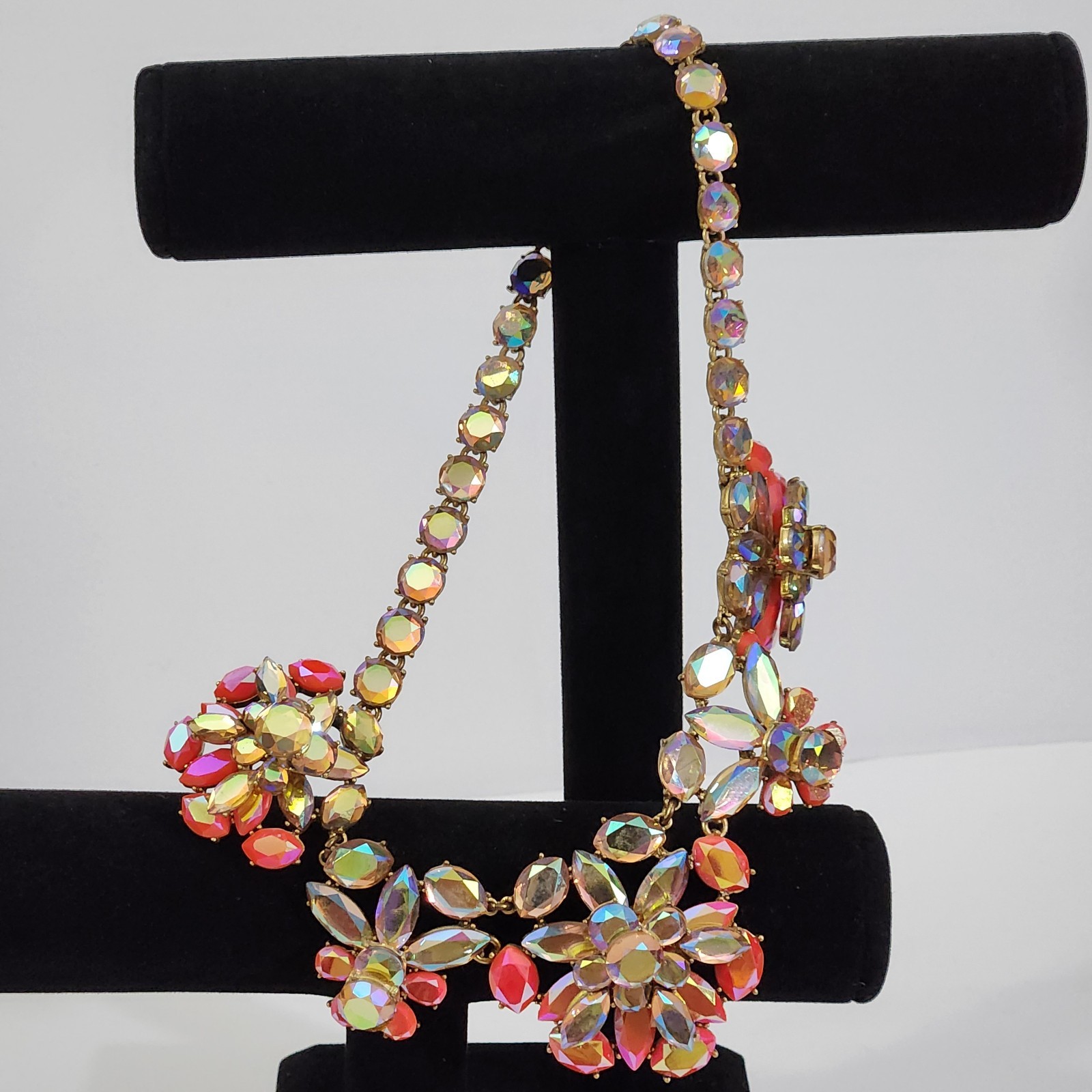 J.Crew Signed Multi Color Aurora Borealis Rhinestone Floral Statement Necklace