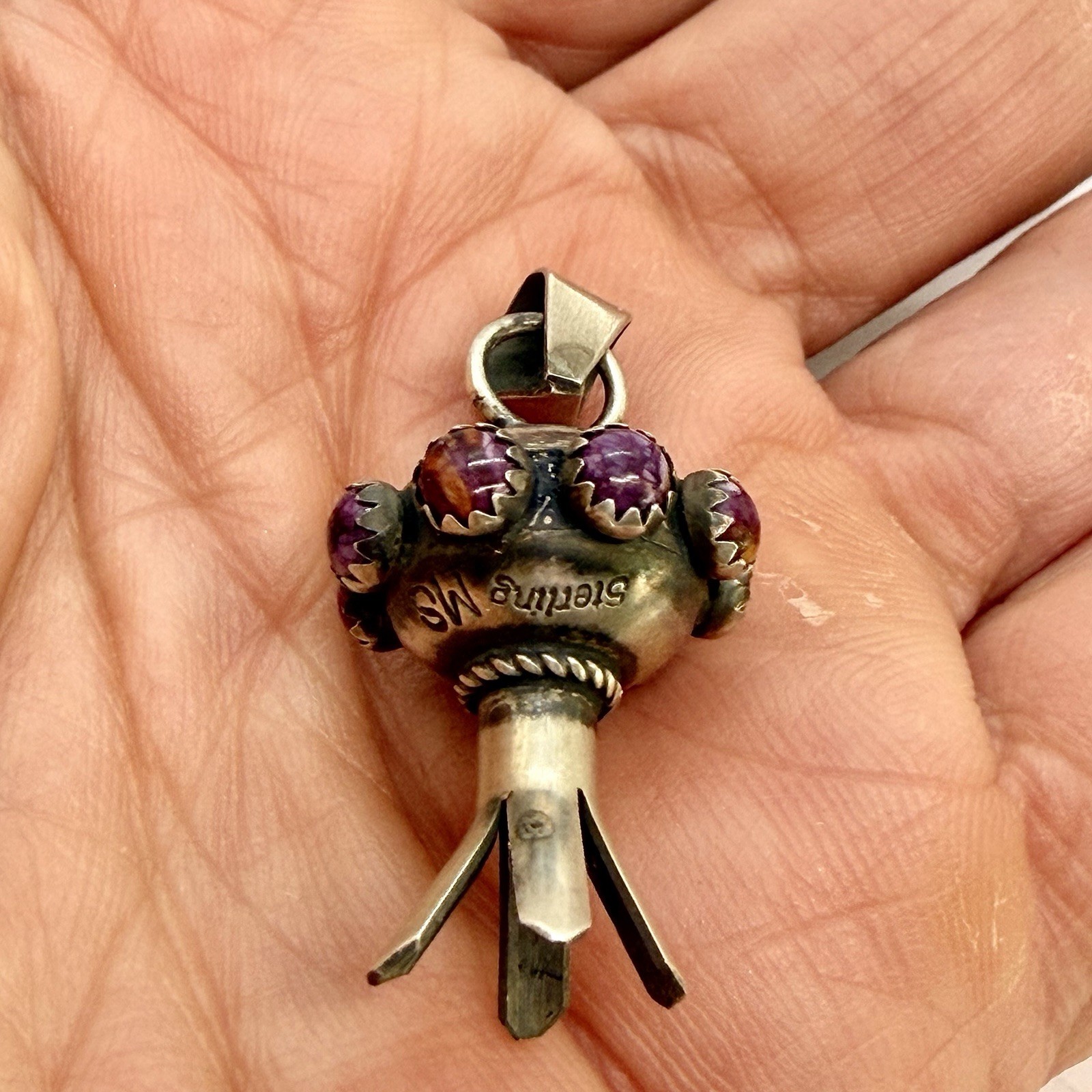 Navajo Handmade Sterling Purple Spiny Squash Blossom Pendant By Monica Smith