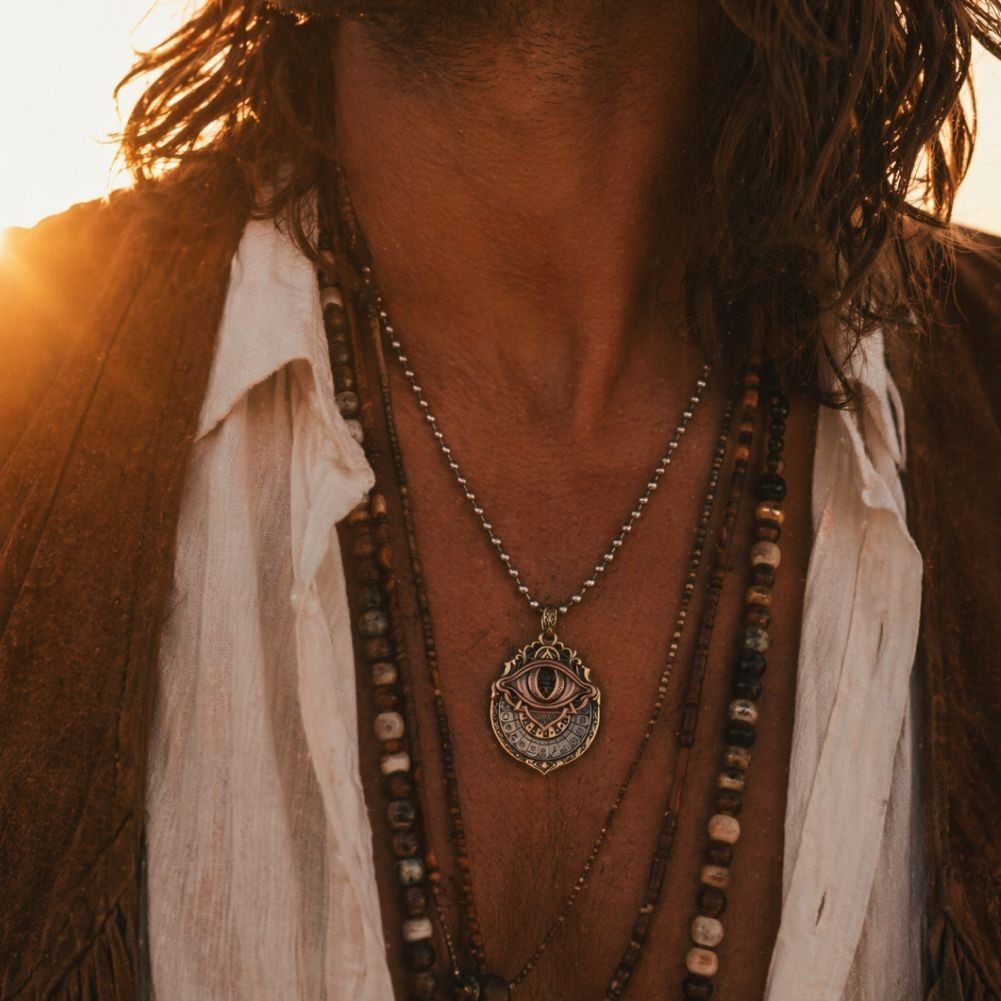 Tarot Vision Pendant. Vintage Astrology Jewelry. Brass Round Pendant for Men