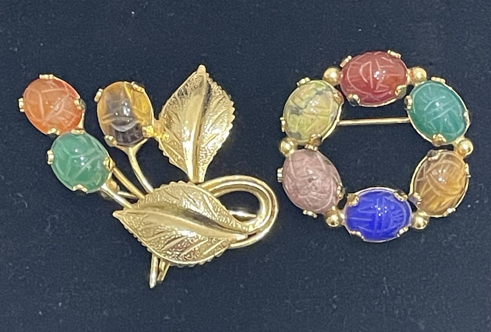 Lot of 2 Burt Cassell 1/20 12KT Carved Gems Egyptian Scarab Beetle Brooch Pins