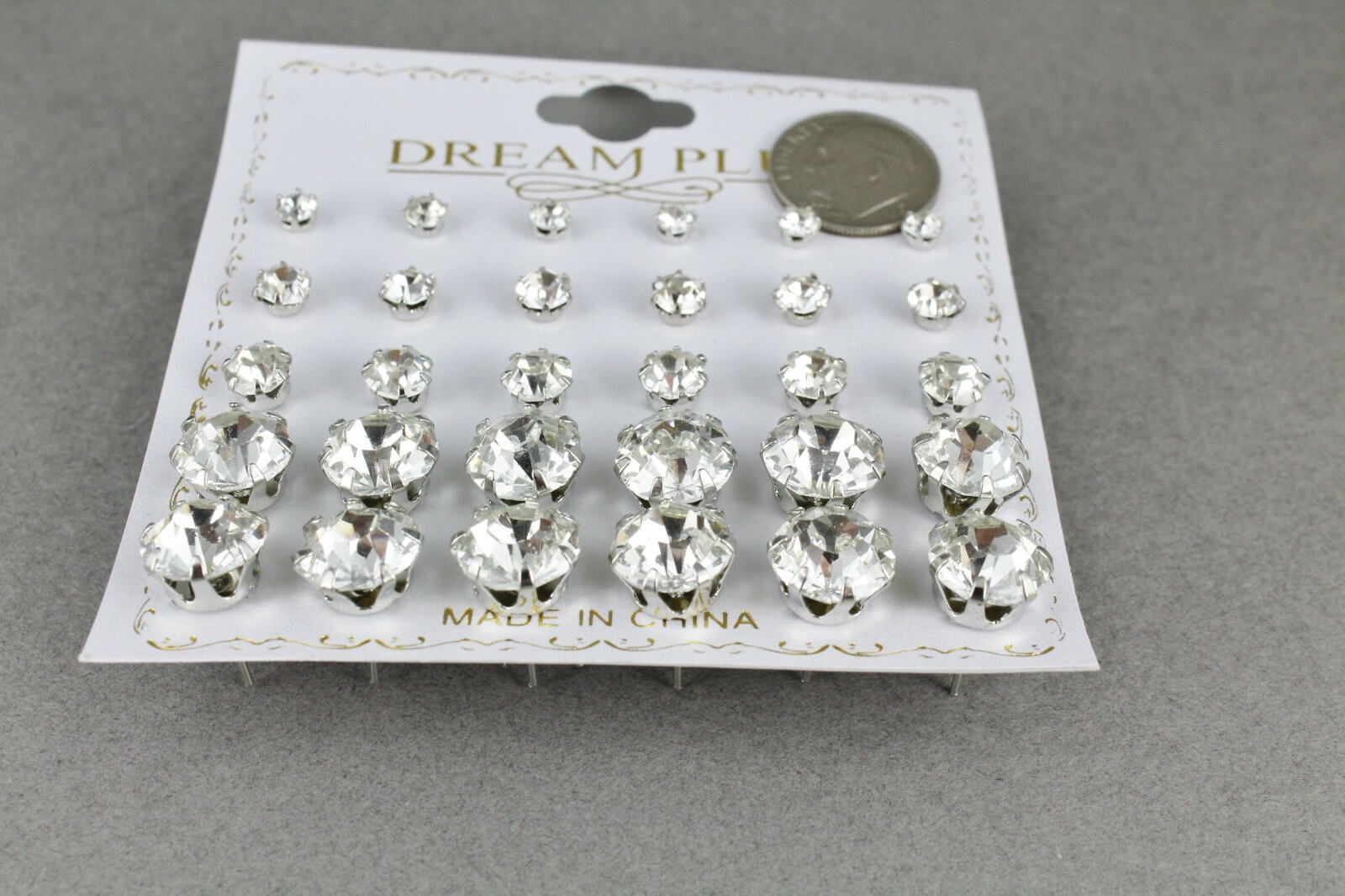 Set 15 pair Silver Clear post earrings graduated sizes 4mm 5mm 6mm 10mm stud