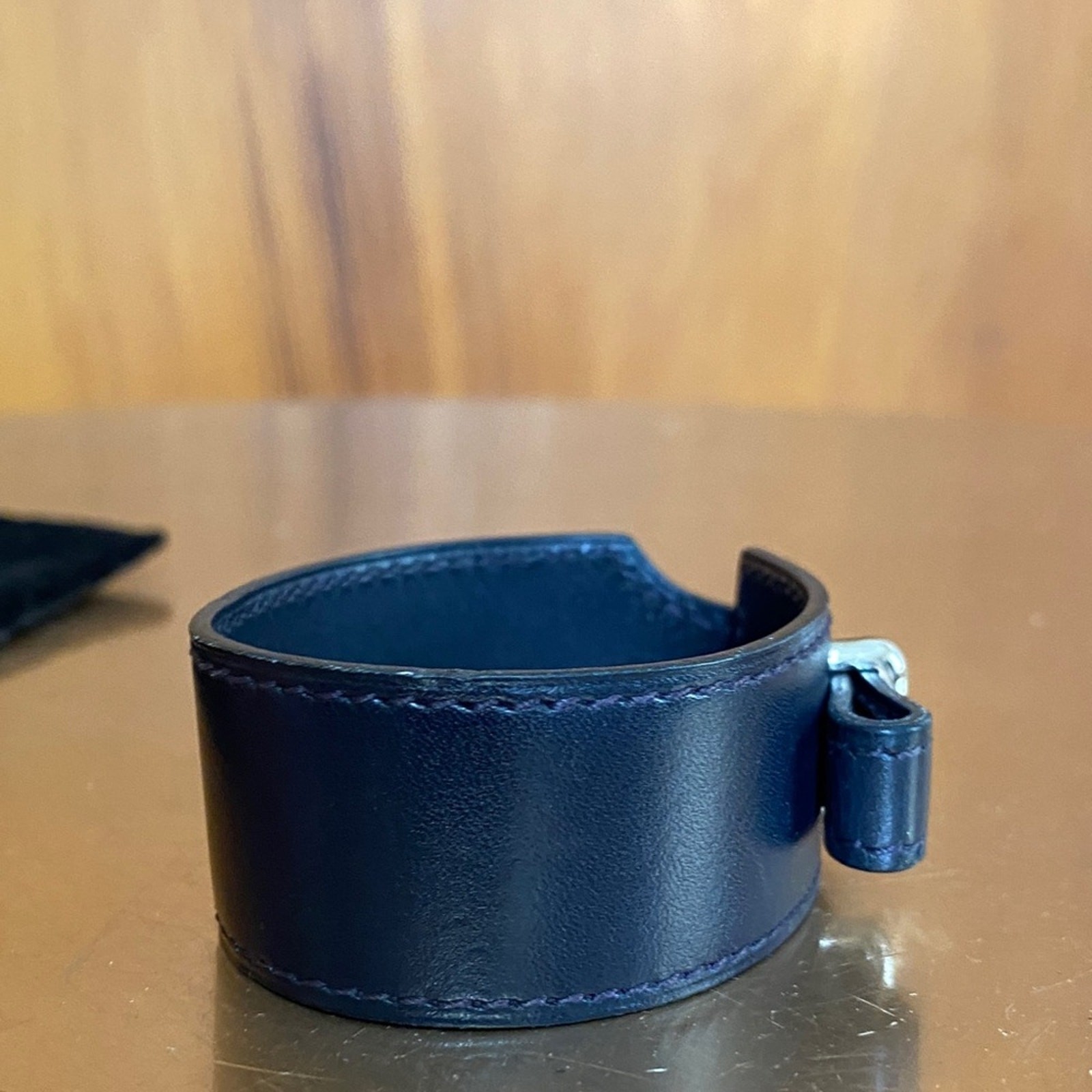 Hermes Navy Blue Leather Artemis 1” Bracelet Silver NWOT Classic Luxury Unisex