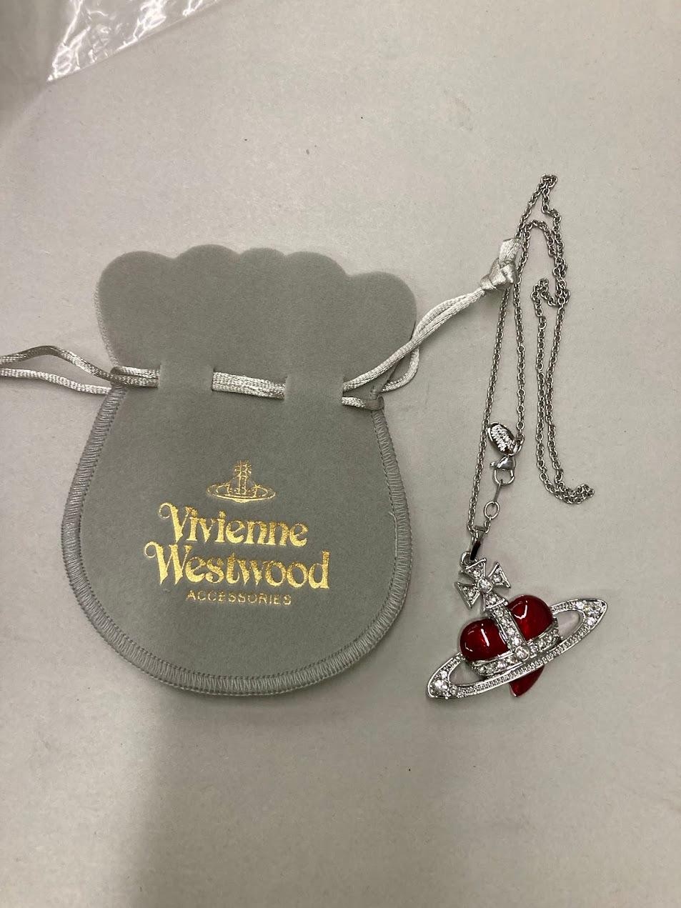 Vivienne Westwood Diamante Heart Orb Large Necklace Silver Red with drawstring