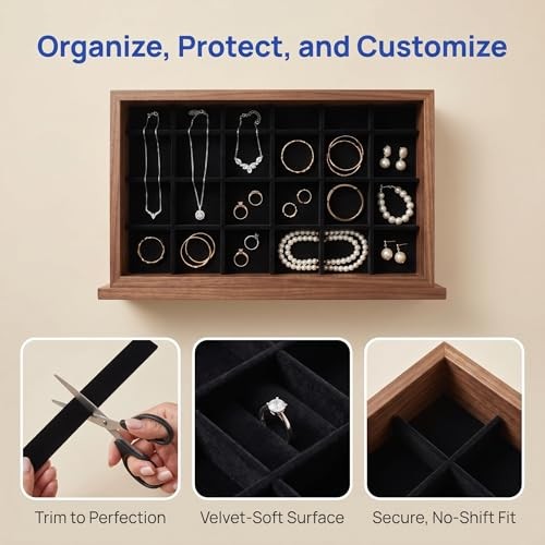 1 Set Jewelry Tray Dividers, 13.17 Inch Black Lint Inserts, Drawer Storage