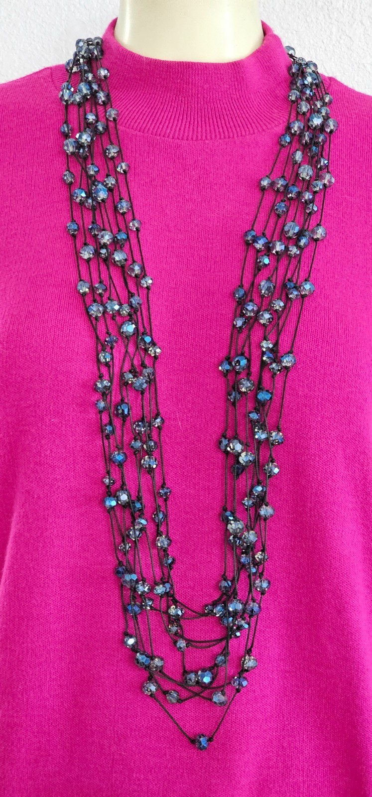 CHICOS WOMEN NECKLACE NAVY BLUE SHINY CRYSTALS 9 STRAND LONG.
