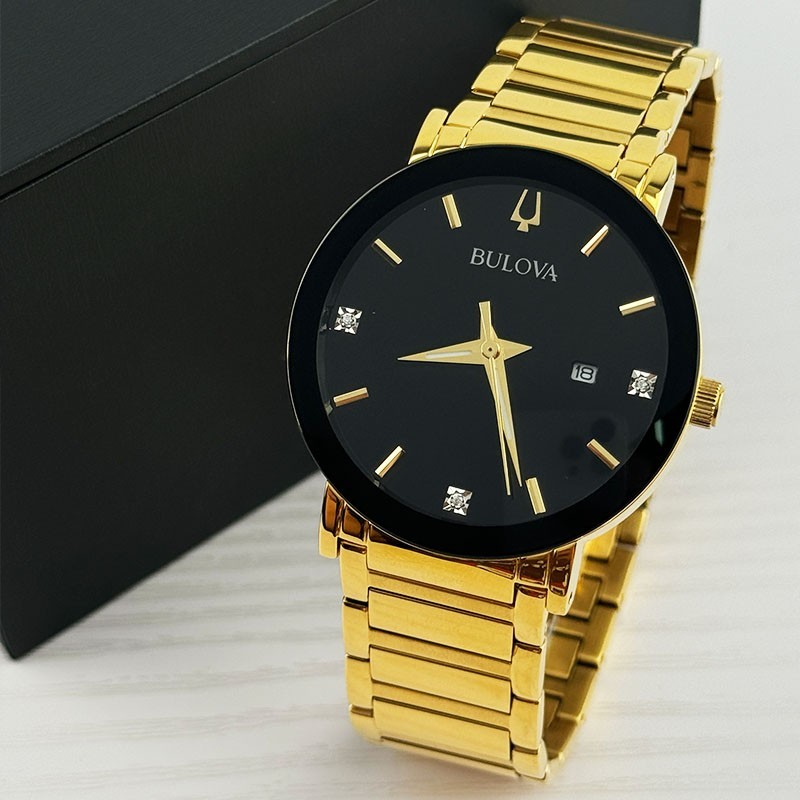 Bulova Modern 97D116 Black Diamond Dial Gold Bracelet Men’s Quartz Watch 42mm