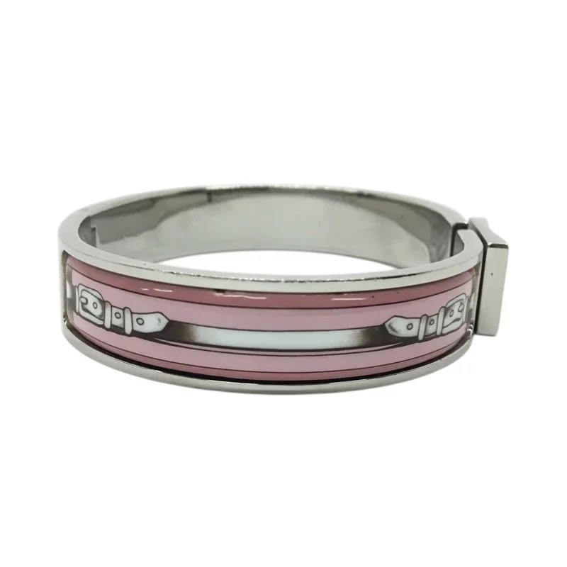 Hermes Clic Clac H Bracelet Silver Enamel Light Pink Wide Size 6.50 Inches