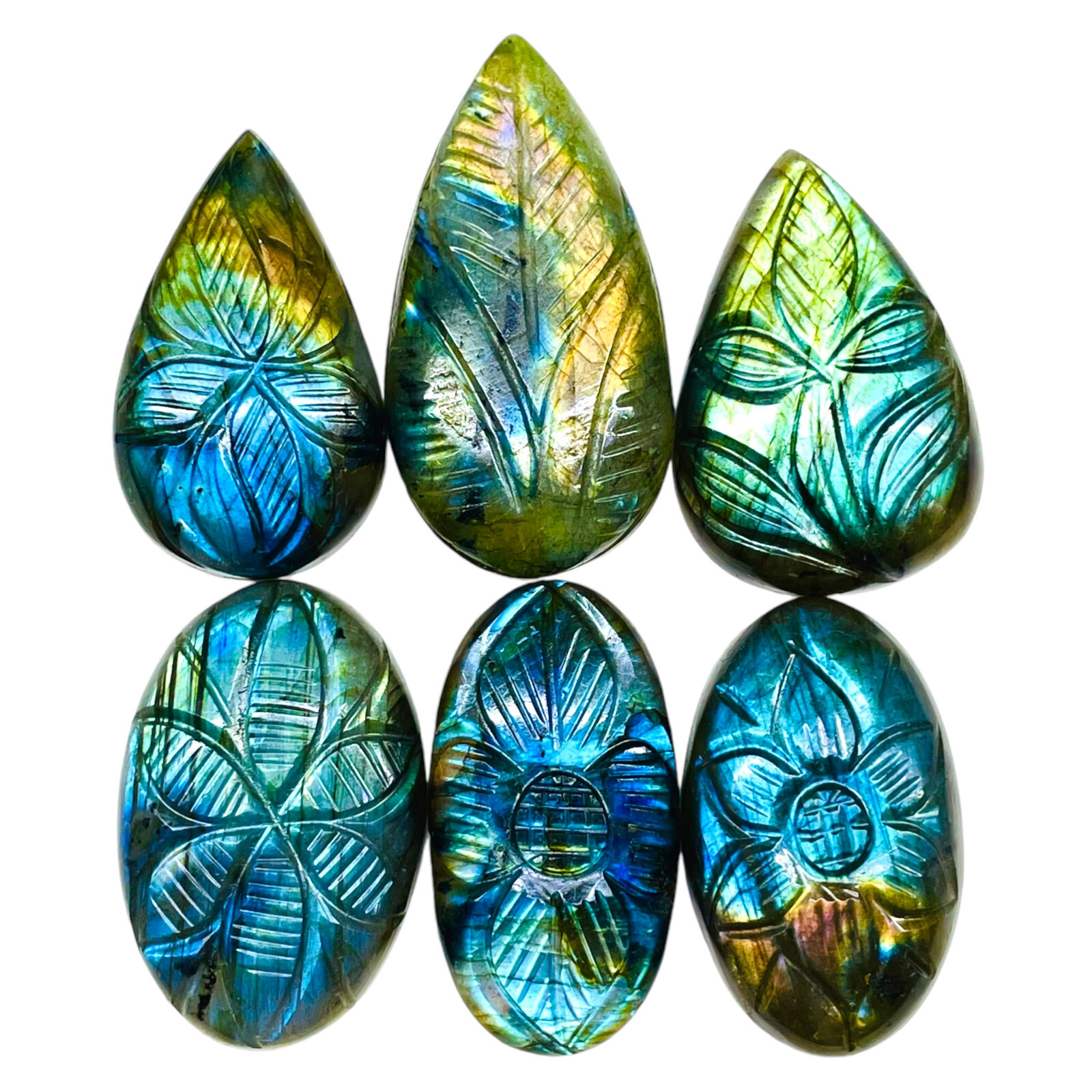 6 Pcs Natural Carved Labradorite 34.5-42mm Huge Pendant Size Loose Gemstones Lot