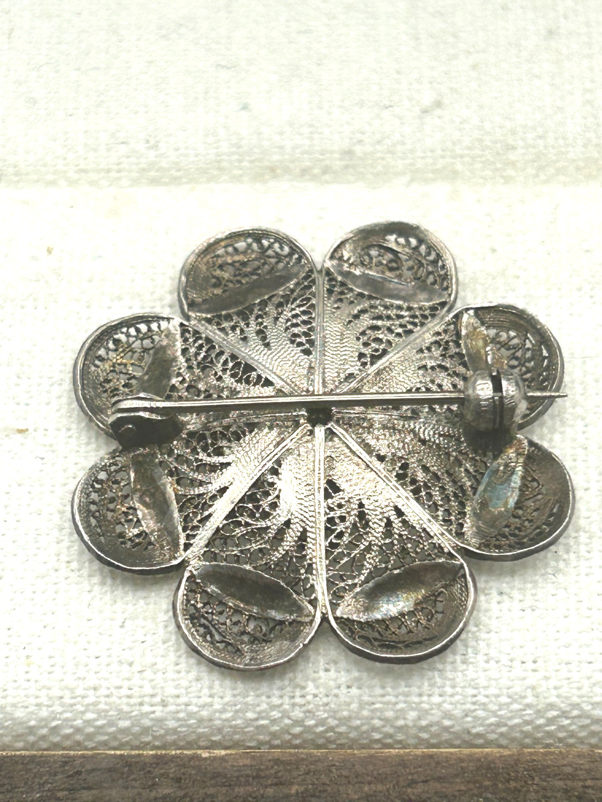 Antique 835 Silver Rocaille Flower Filigree Brooch.