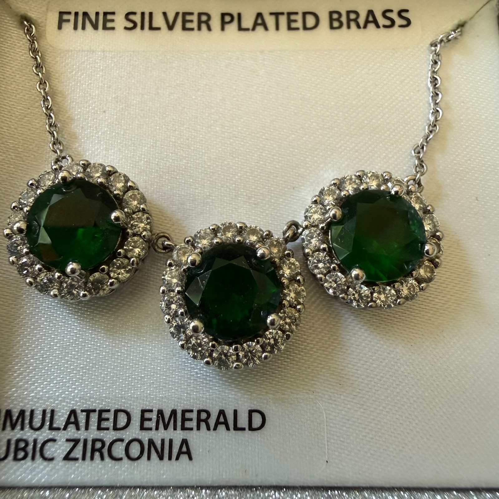 NEW Simulated Emerald necklace with CZ accents, Silver plate