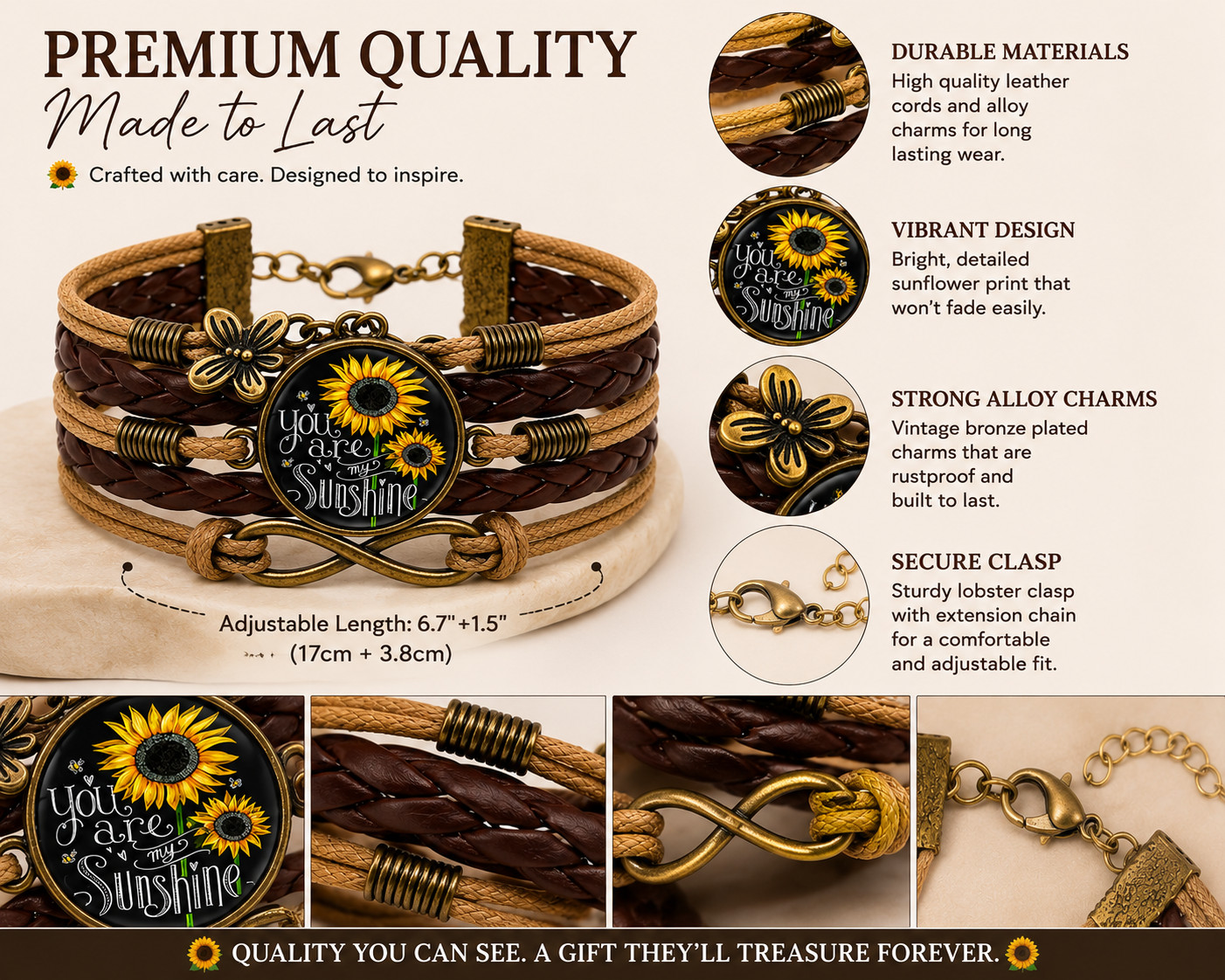 You Are My Sunshine Sunflower Leather Bracelet Butterfly Charm Gift for Her