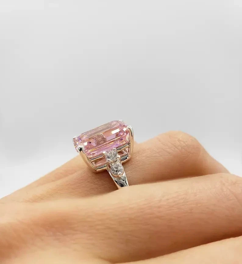 8Ct Emerald Cut Natural Pink Sapphire Diamond Wedding Ring 14K White Gold Plated