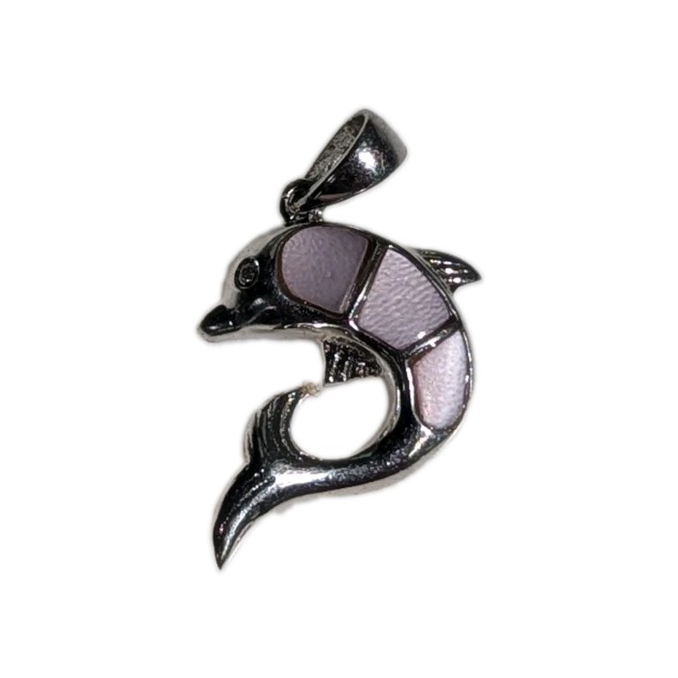 SU 925 Sterling Silver Pink Mother Of Pearl Inlay Dolphin Pendant