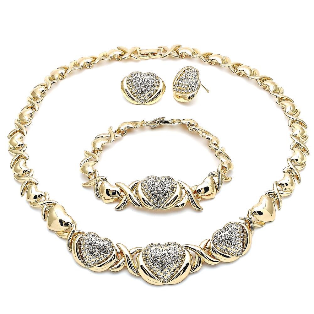 18K Gold Finish Hugs Kisses CZ 3 Heart Necklace Bracelet Earrings Jewelry Set