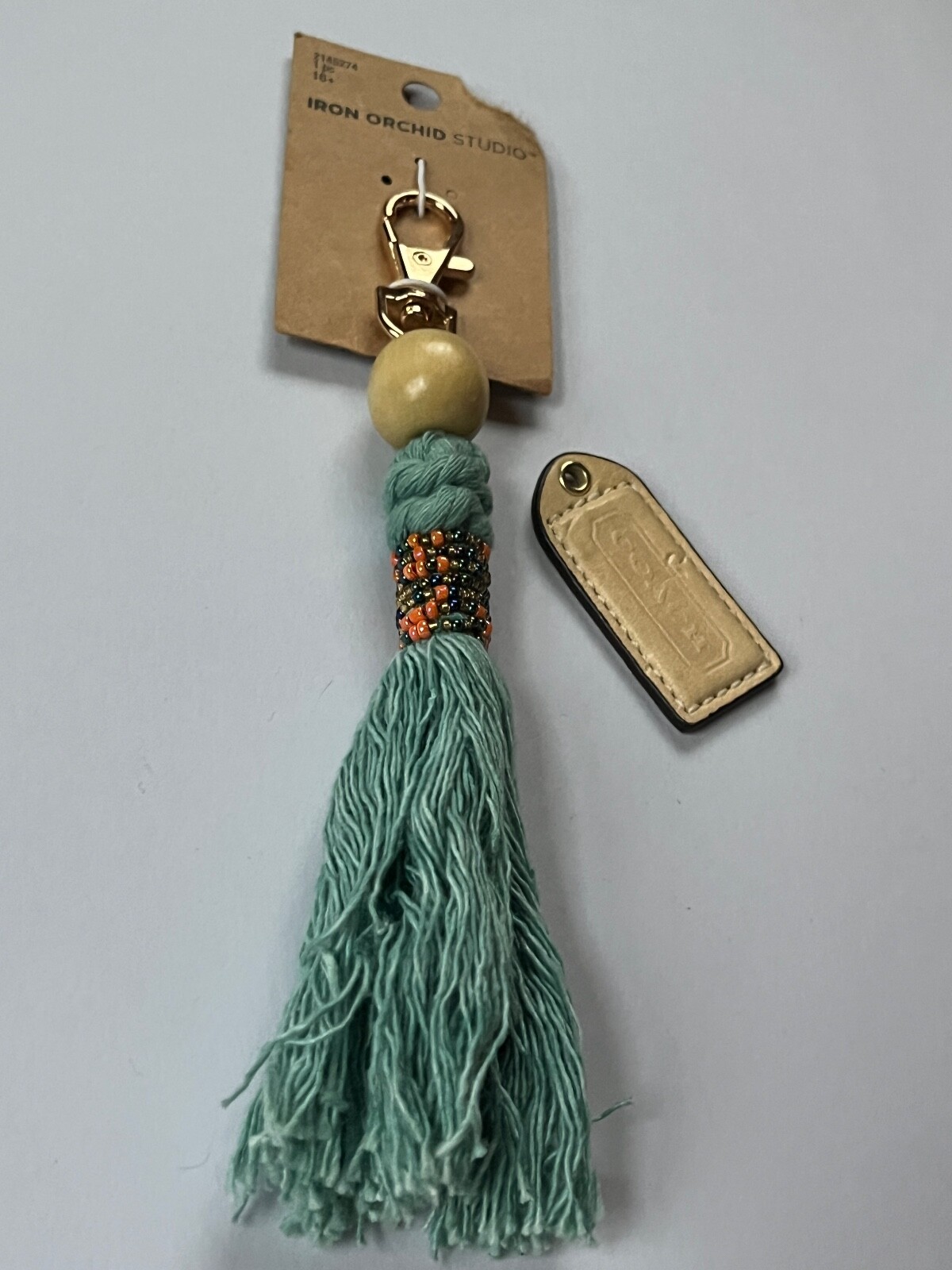 Lot of Iron Orchid Studio Blue Tassel w Orange Iridescent Beads Clip & Tan Leath