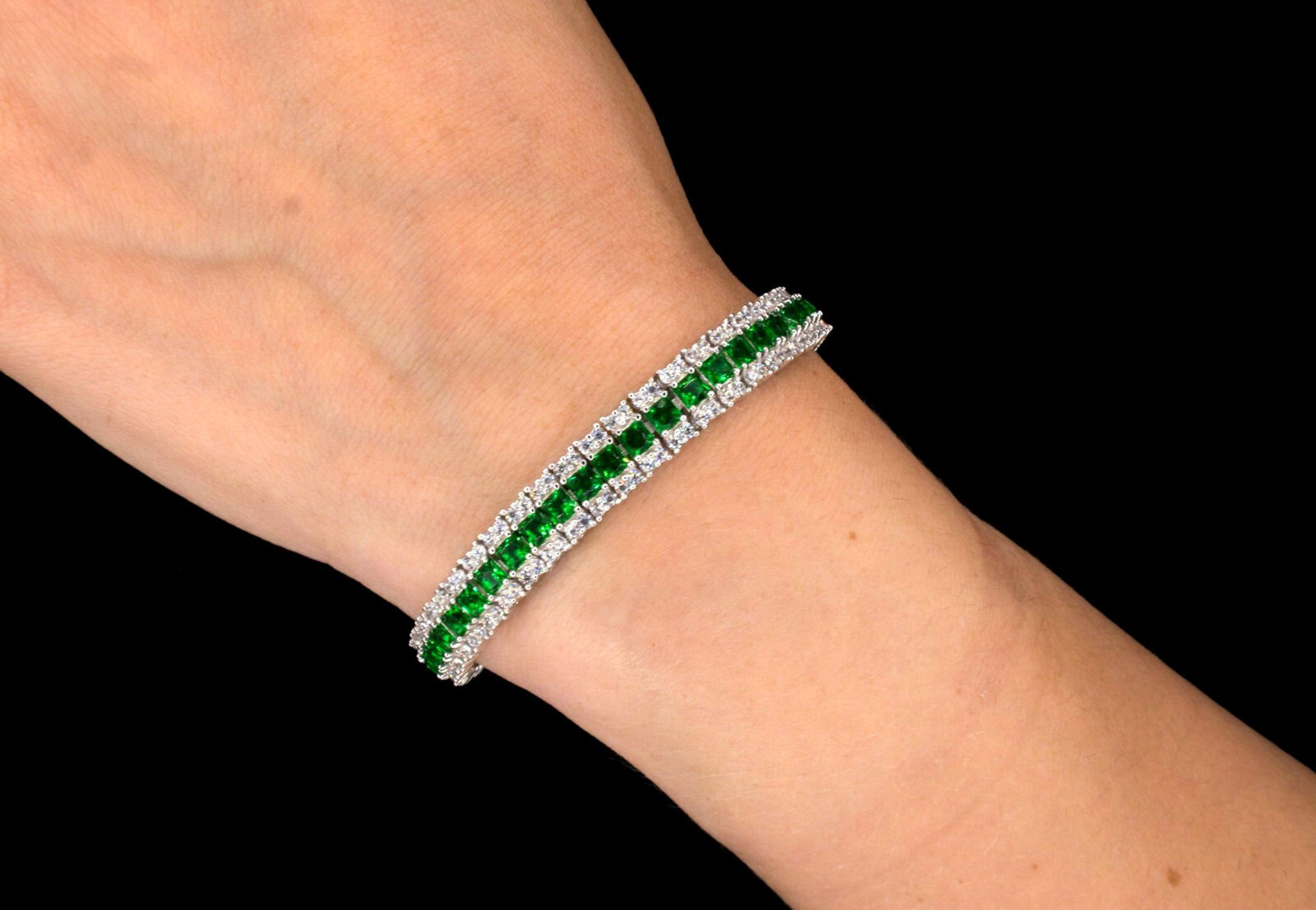 15TCW Princess Lab-Created Green Emerald Tennis Bracelet 925 Sterling Silver