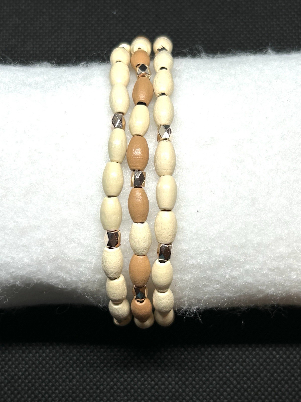Ivory & Tan with rose gold accents Bamboo Wooden Beaded Bracelet Set Size M