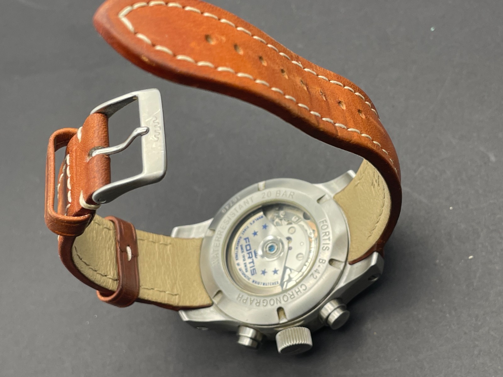 Fortis Pilot B42 Valjoux 7750 Chronograph Watch Black Dial Brown Strap $2895