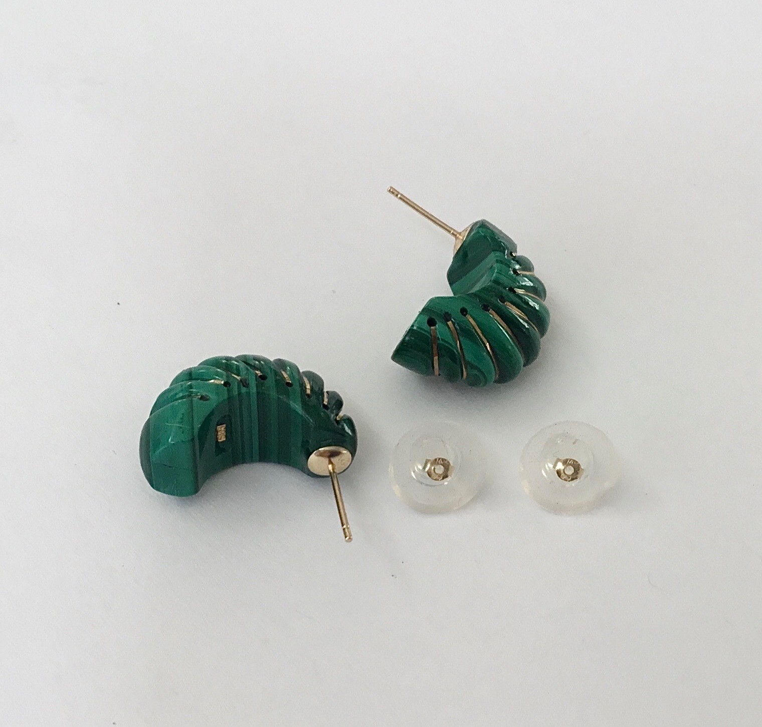 Natural Green Malachite Solid 14K Yellow Gold Dome Earrings NEW