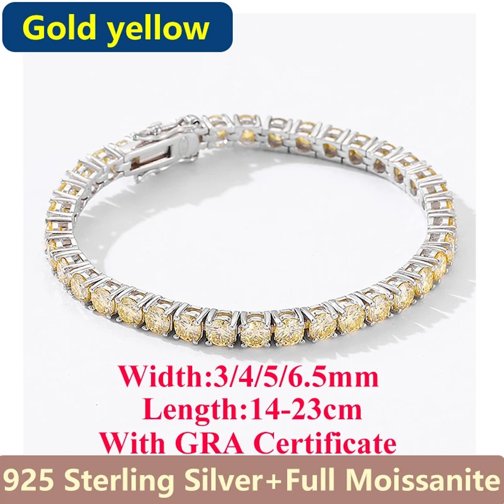 3/4/5/6.5mm Colorful Moissanite Tennis Bracelet S925 Silver Chain Passes Tester