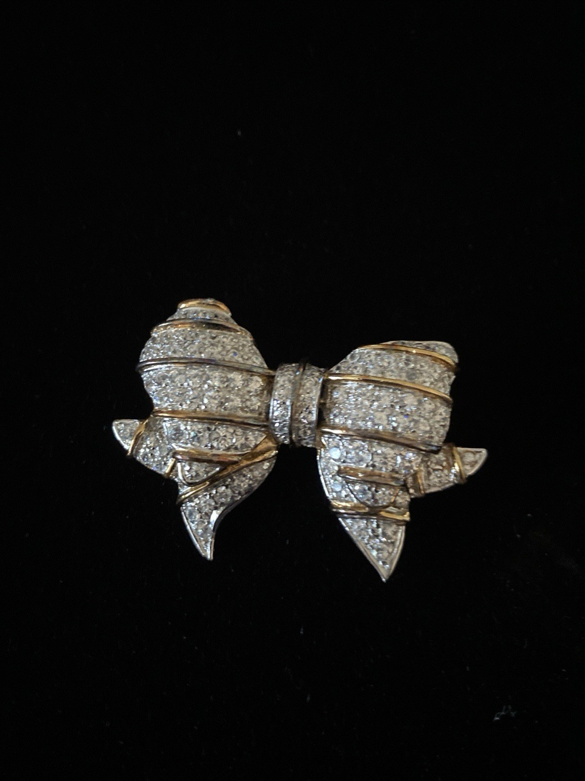 Large Sterling Silver Gold Wash 925 CZ Bow Shape Sparkly Pin Lush Signed PK