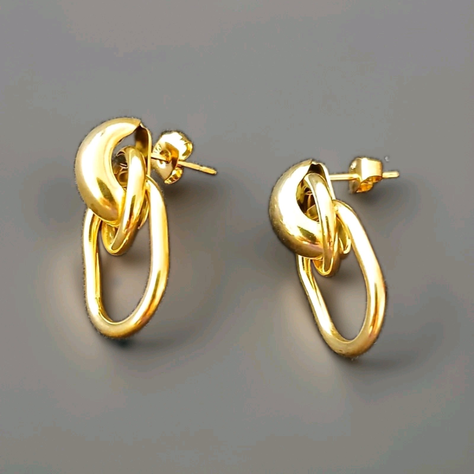 Gold Tone Double Oval Link Dangle Drop Stud Earrings, Butterfly Closure
