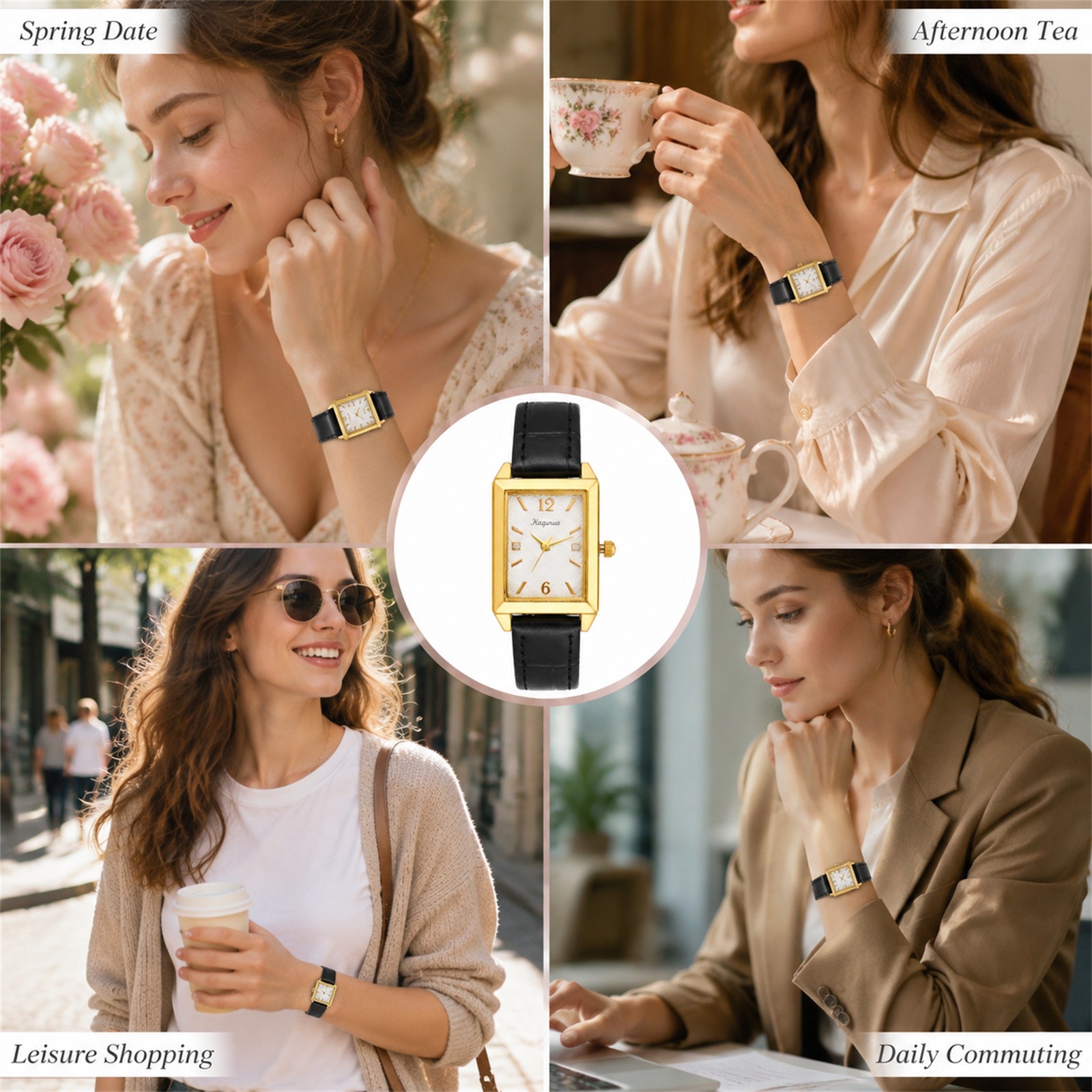 Women Business Rectangle Rhinestone PU Leather Band Wrist Watch for Daily Office
