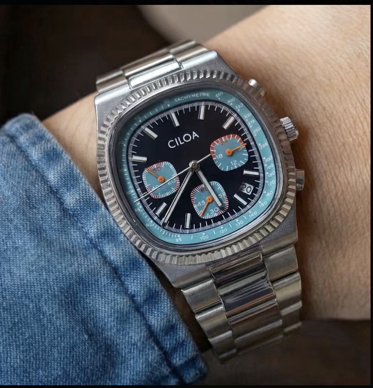 CILOA Analog Quartz Watch Date Tachymeter Art Dial Cushion 40mm SS Bracelet