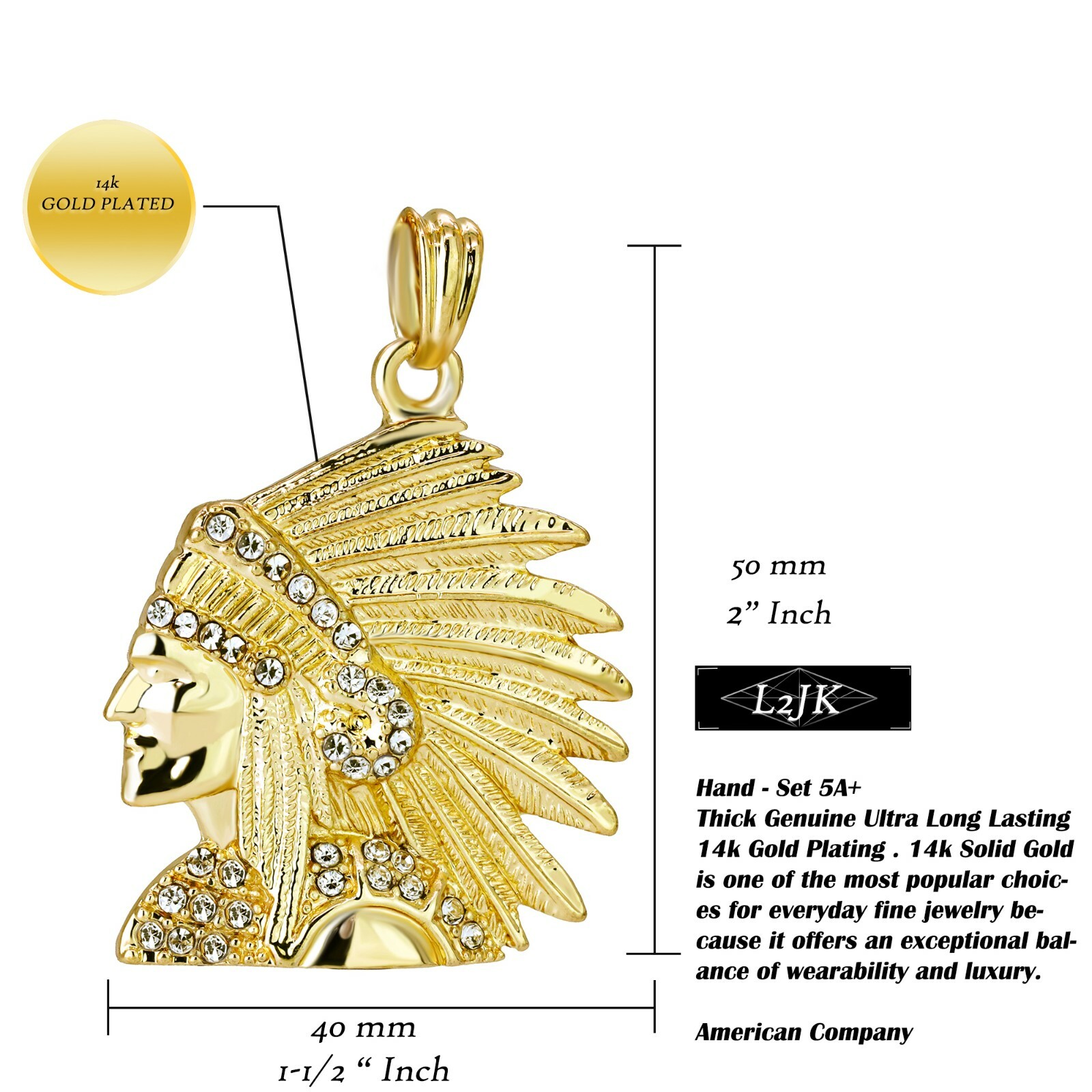 Indian Head Cubic Zirconia 14k Gold Plated Pendant 24″ Cuban Link Chain Hip Hop
